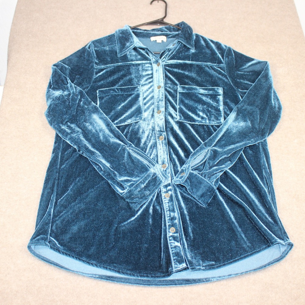 Umgee USA Teal Blue Velvet Button Down Shirt XL Long Sleeve Pocket Blouse WC0719